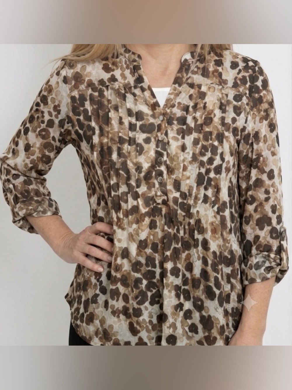 Ava & Grace Leopard Print Pleated Button Blouse 1X